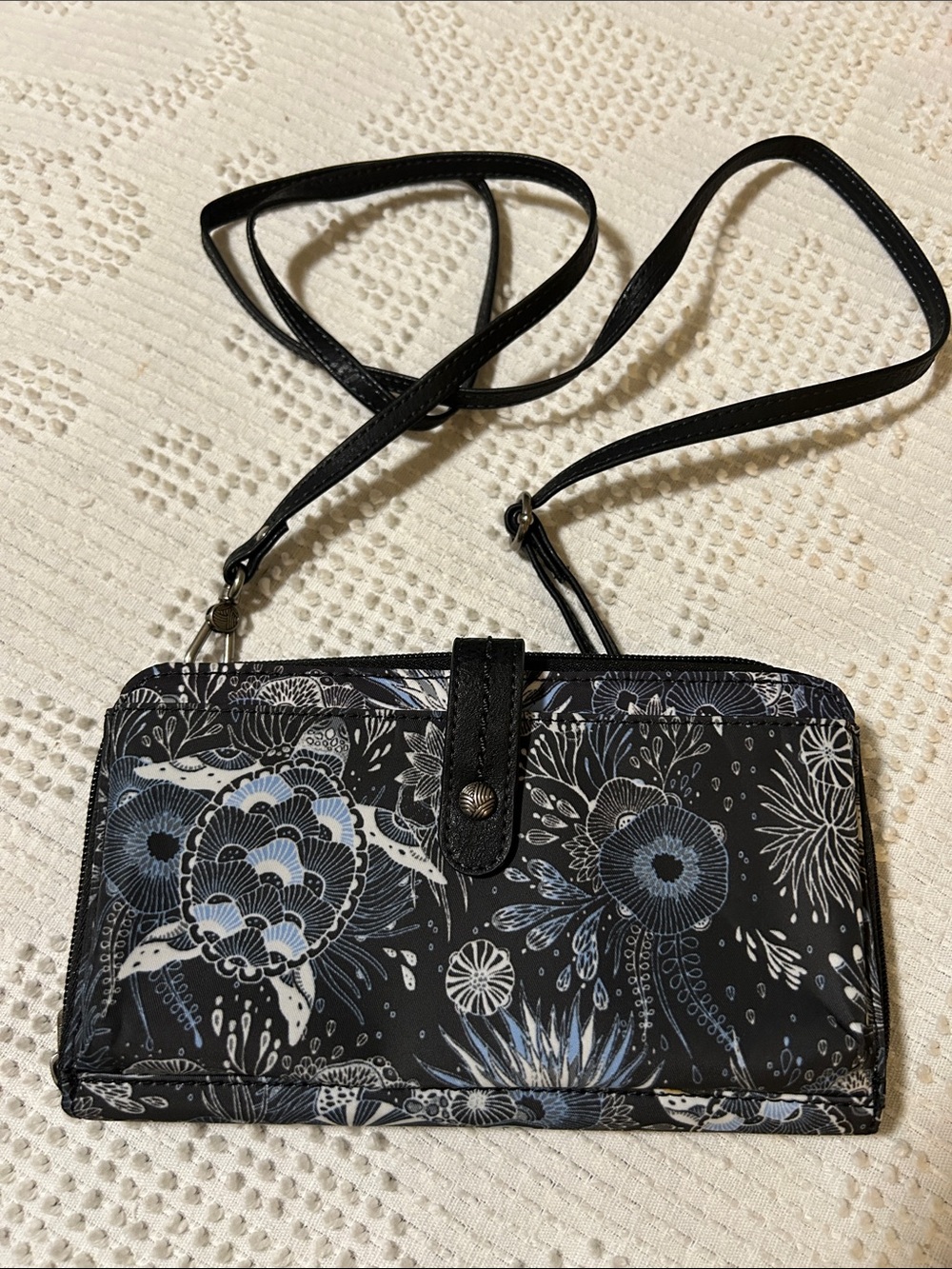 Sakroots Black Floral Crossbody Wallet Bag - Blue & White Accents